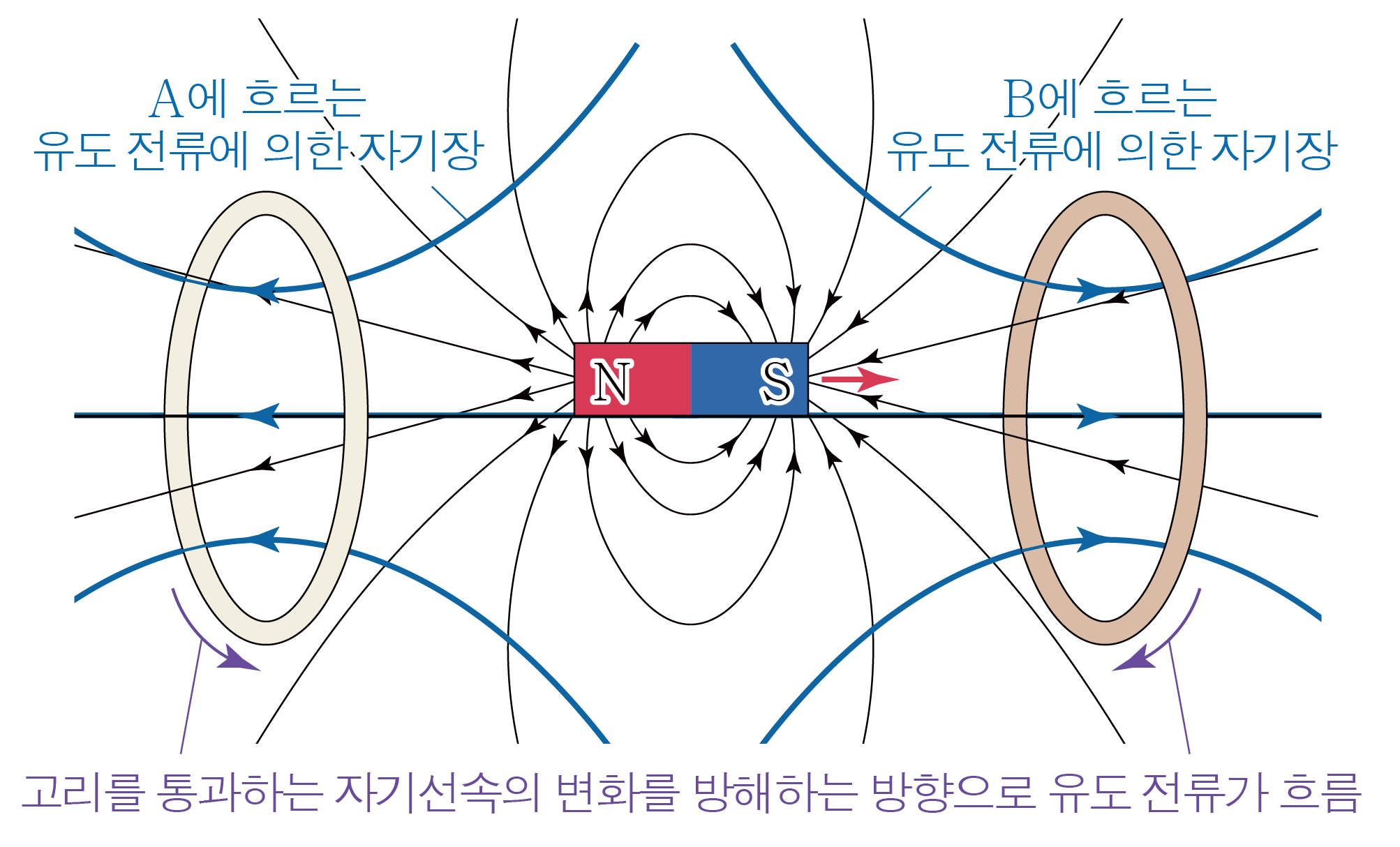 N극과 S극 사이 자기장 및 고리의 유도 전류 방향을 나타낸 그림