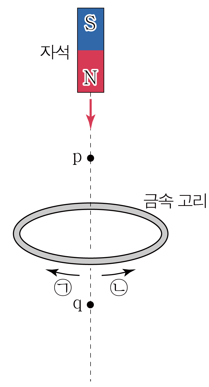 자석이 금속 고리 위에서 아래로 이동하는 그림과 유도 전류 방향 보기
