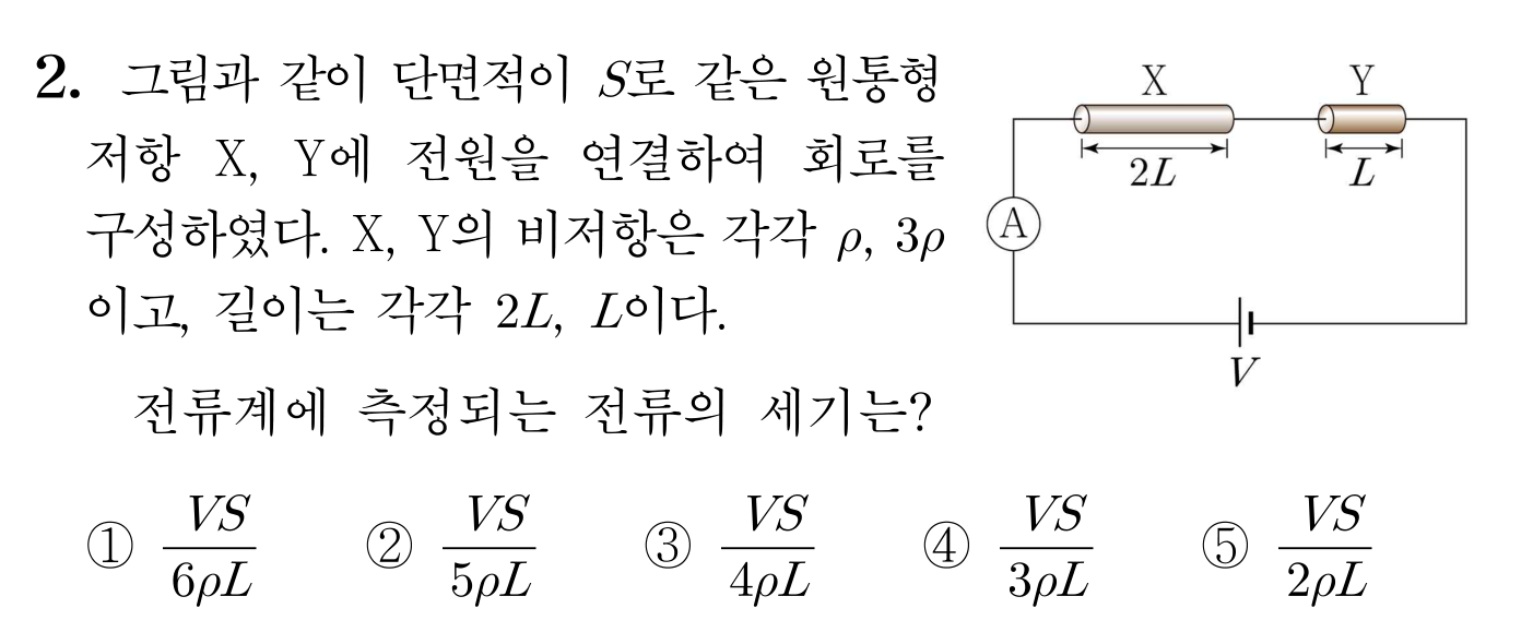 비저항과 길이가 다른 원통형 저항 X와 Y의 직렬 회로 및 전류계 문제
