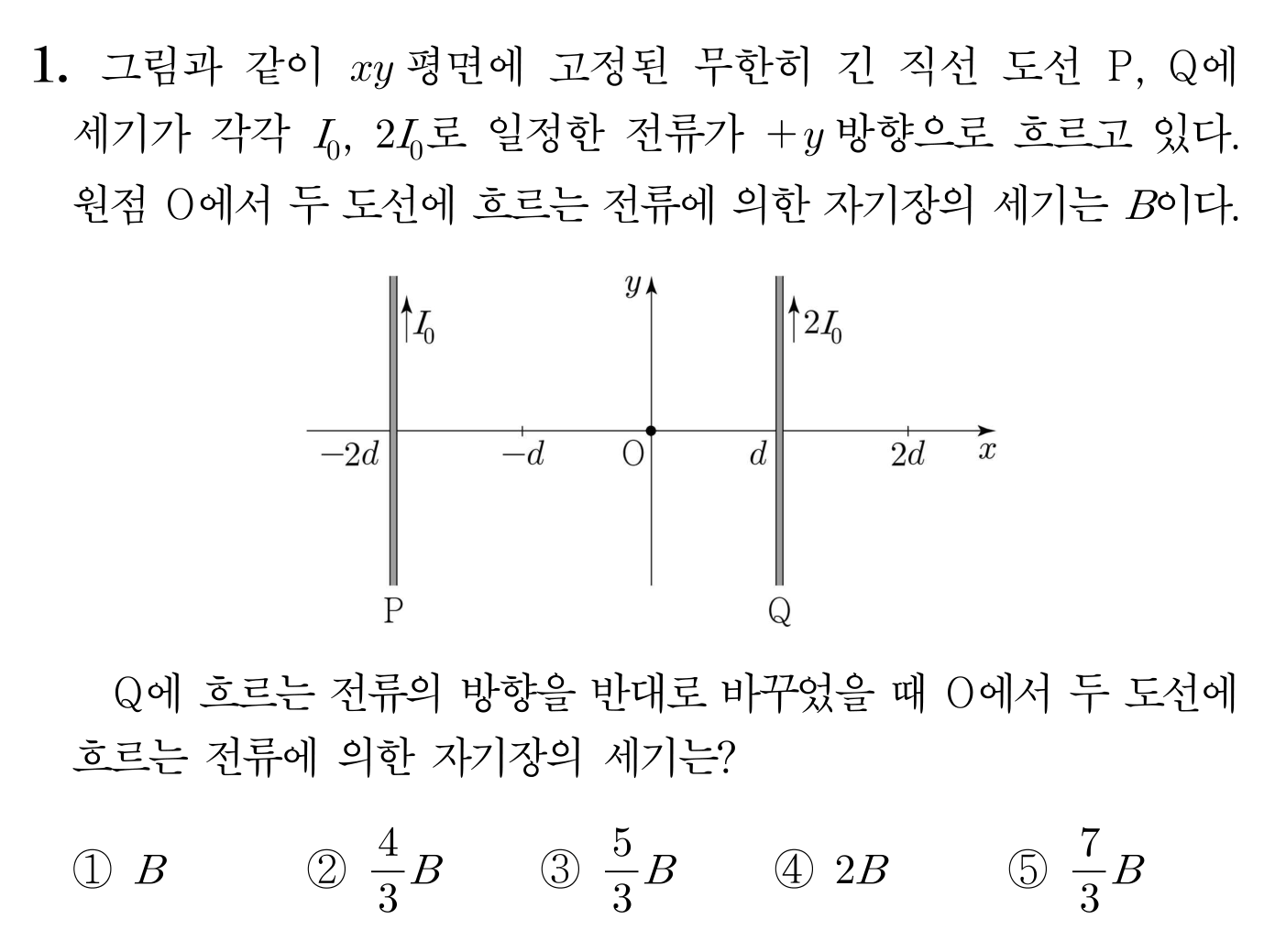 xy 평면의 두 무한 직선 도선 P·Q와 전류 방향 및 자기장 세기를 묻는 문제