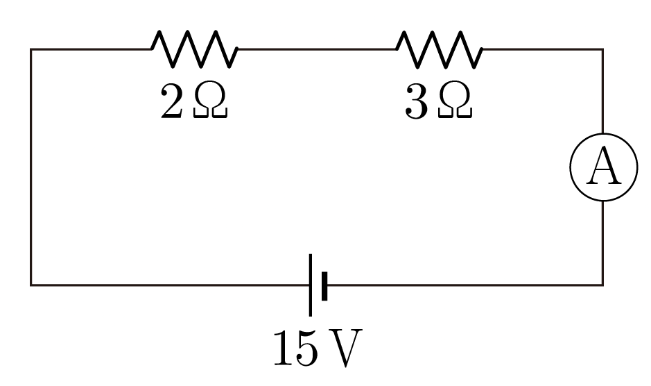 15 V 전원과 2 Ω·3 Ω 저항, 전류계가 연결된 직렬 회로