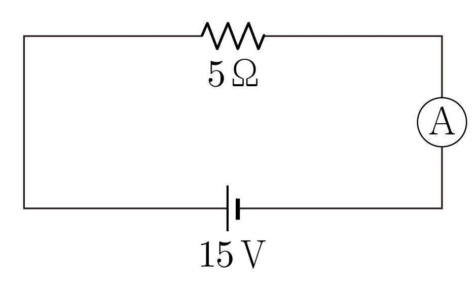 5Ω 저항, 15V 전지, 전류계가 연결된 직렬 회로