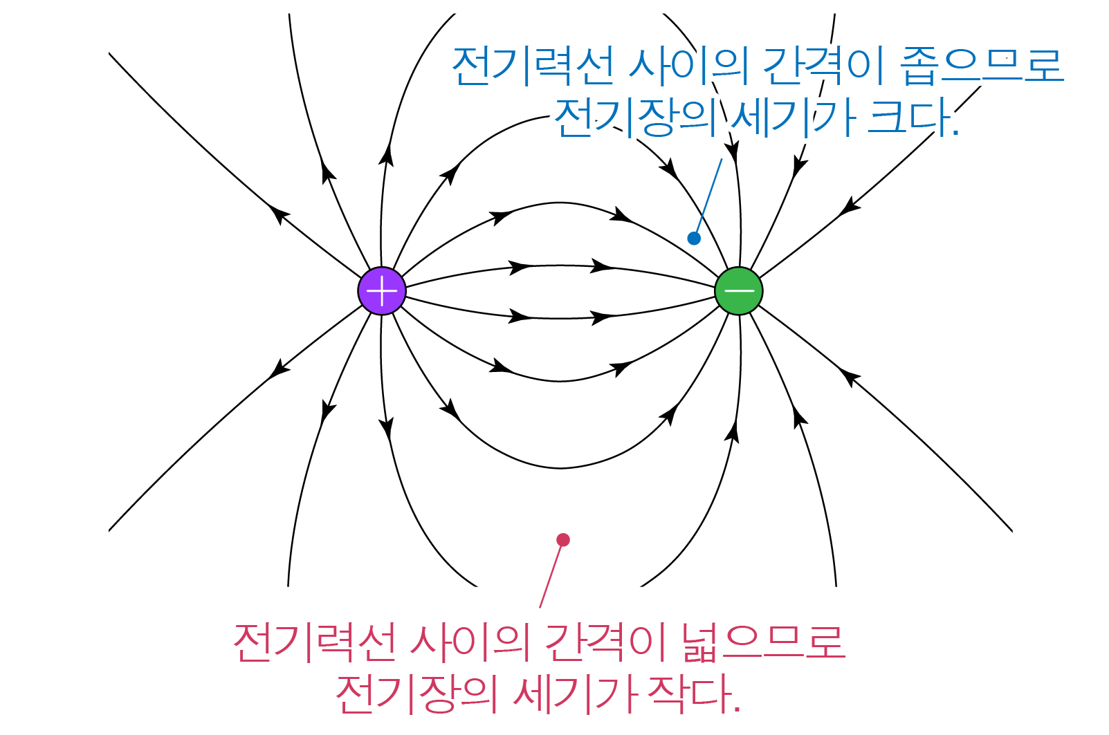 전하 사이 간격에 따른 전기력선 세기 비교 그림