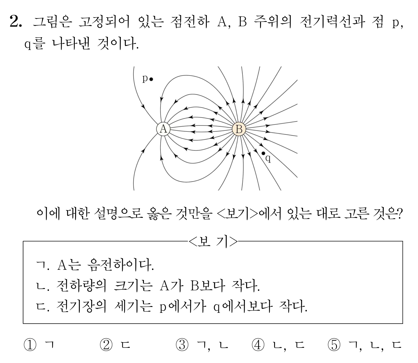 전하 A와 B의 전기력선 및 점 p, q에 대한 객관식 문항
