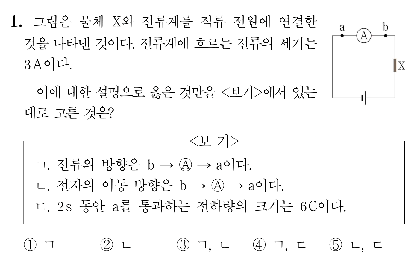 전류계와 물체 X가 연결된 직류 회로의 전류 방향과 전하량을 묻는 문항