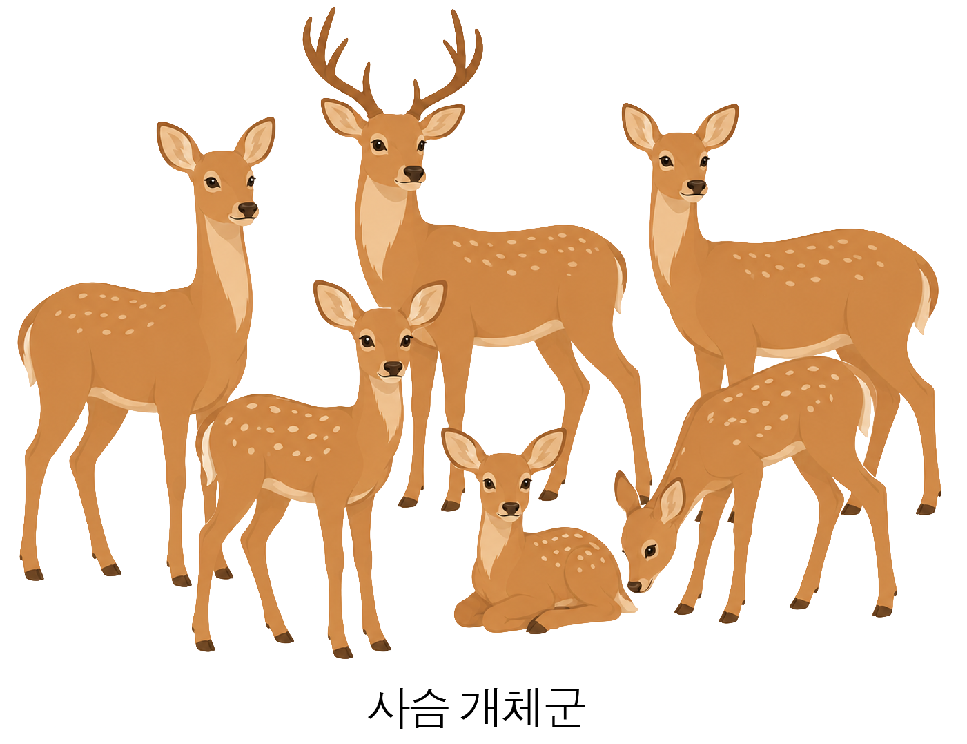 여러 마리의 사슴과 새끼 사슴을 보여주는 사슴 개체군 그림