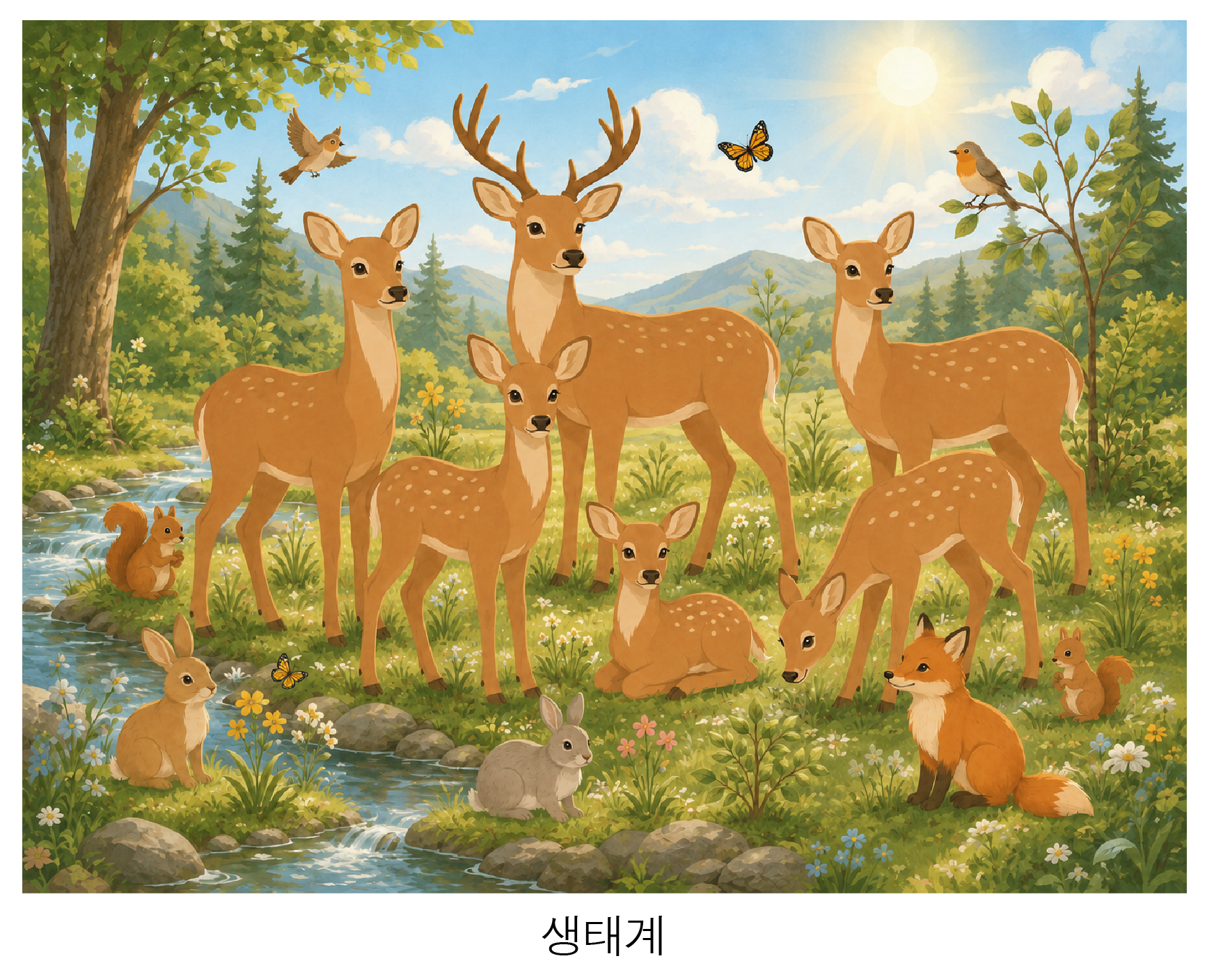 숲과 하천에 사슴, 토끼, 다람쥐, 여우, 새, 나비가 있는 생태계 풍경