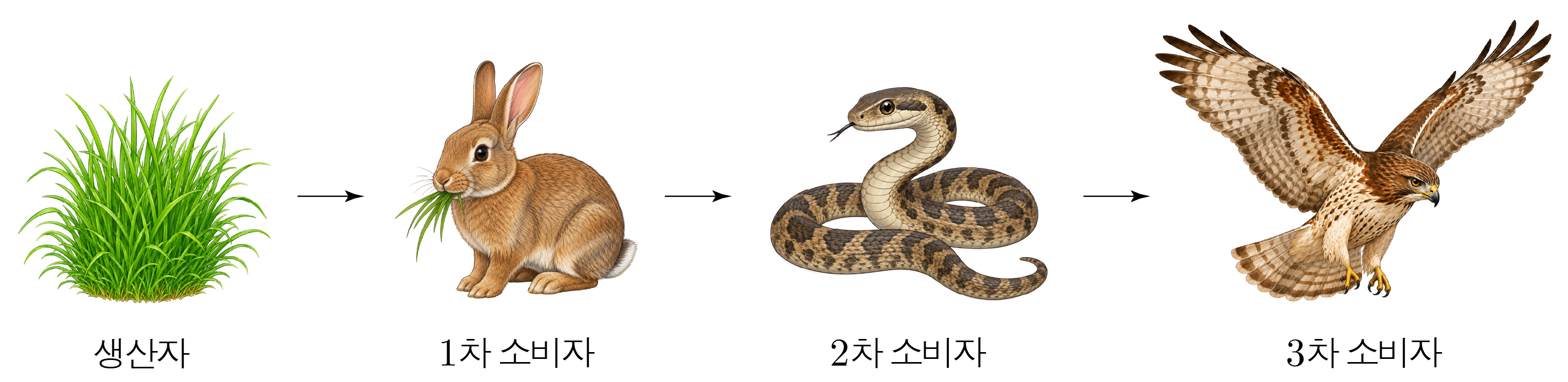 풀, 토끼, 뱀, 맹금류가 화살표로 연결된 먹이 사슬