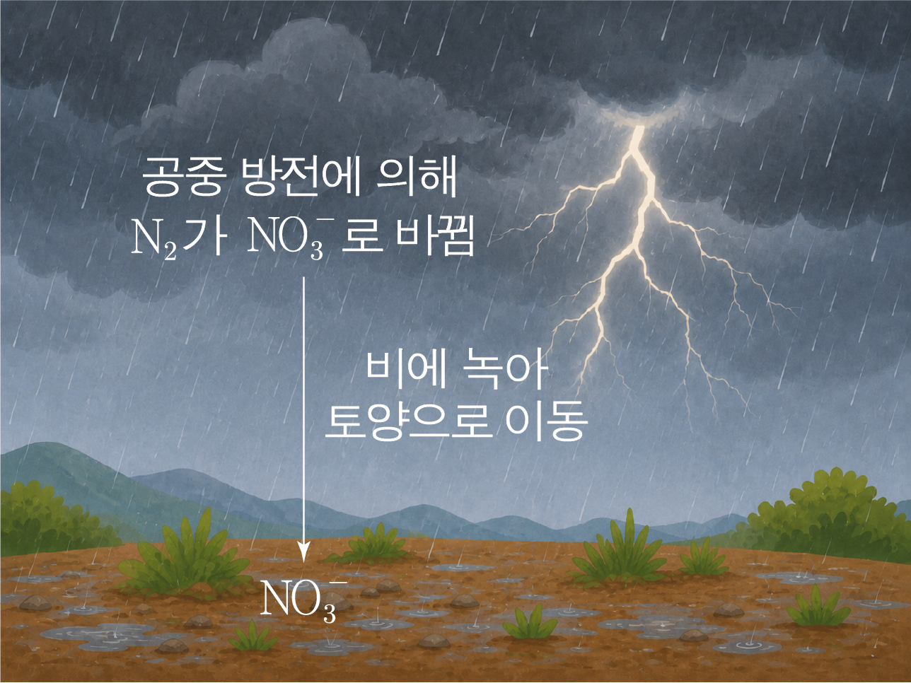 번개로 대기 중 N₂가 NO₃⁻로 바뀌어 빗물과 토양으로 이동하는 그림