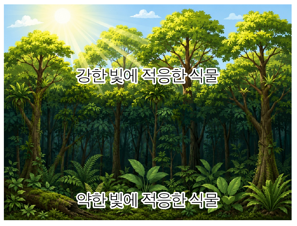 강한 빛과 약한 빛에 적응한 식물이 함께 있는 숲 그림