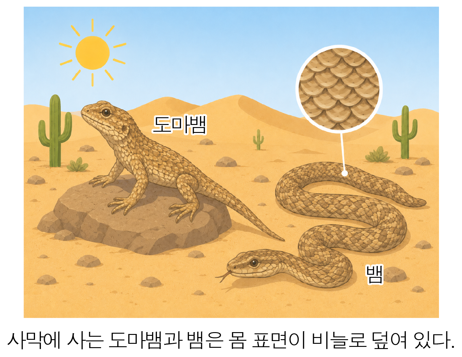 사막의 도마뱀과 뱀의 몸 표면 비늘 비교 그림