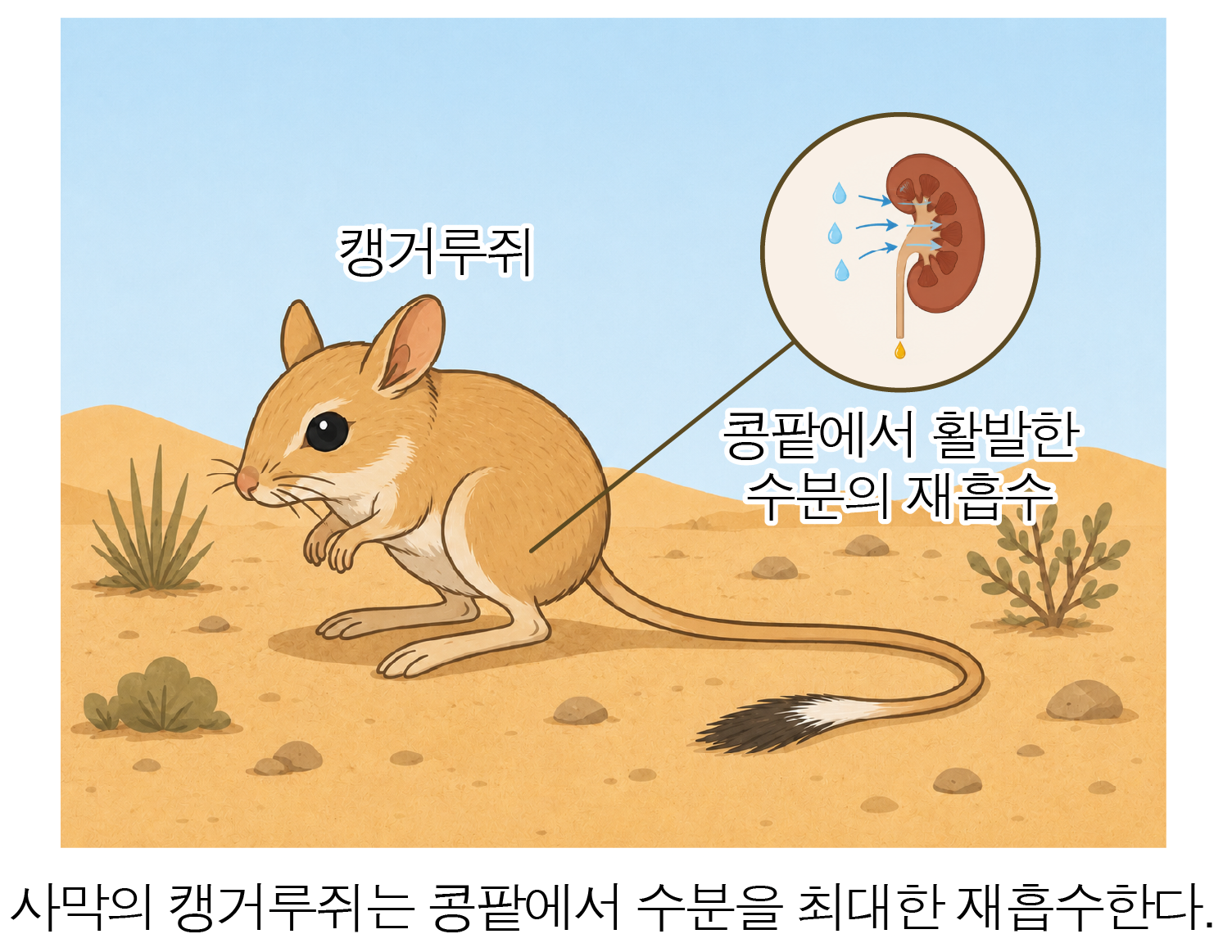 사막 캥거루쥐와 콩팥의 수분 재흡수 과정을 나타낸 그림