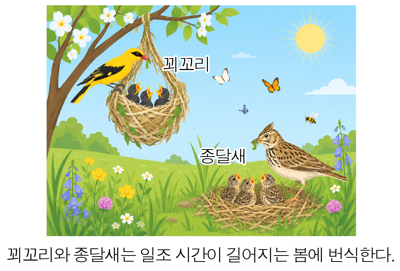 꾀꼬리와 종달새가 둥지에서 번식하는 봄철 생태 그림