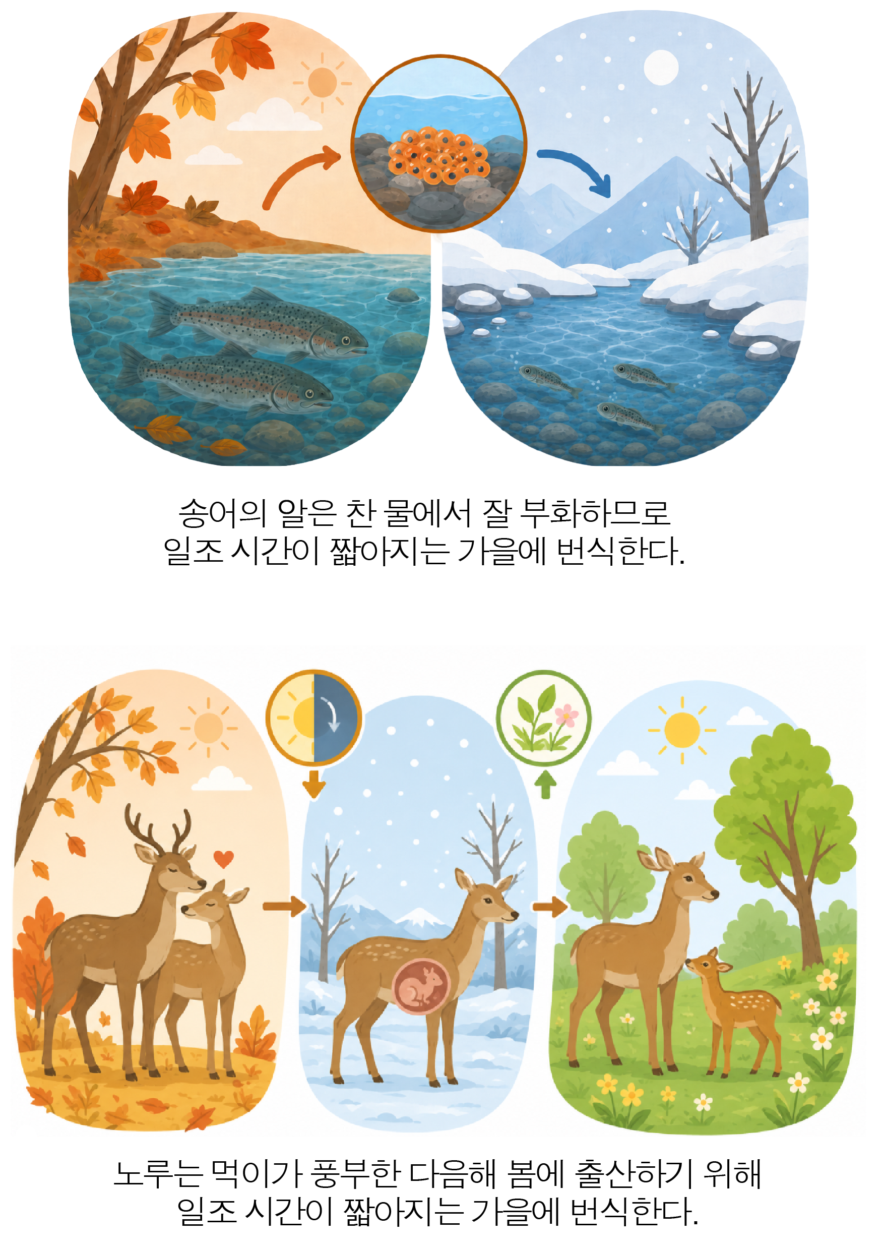 송어와 노루의 계절 변화에 따른 번식 시기를 나타낸 생태 그림