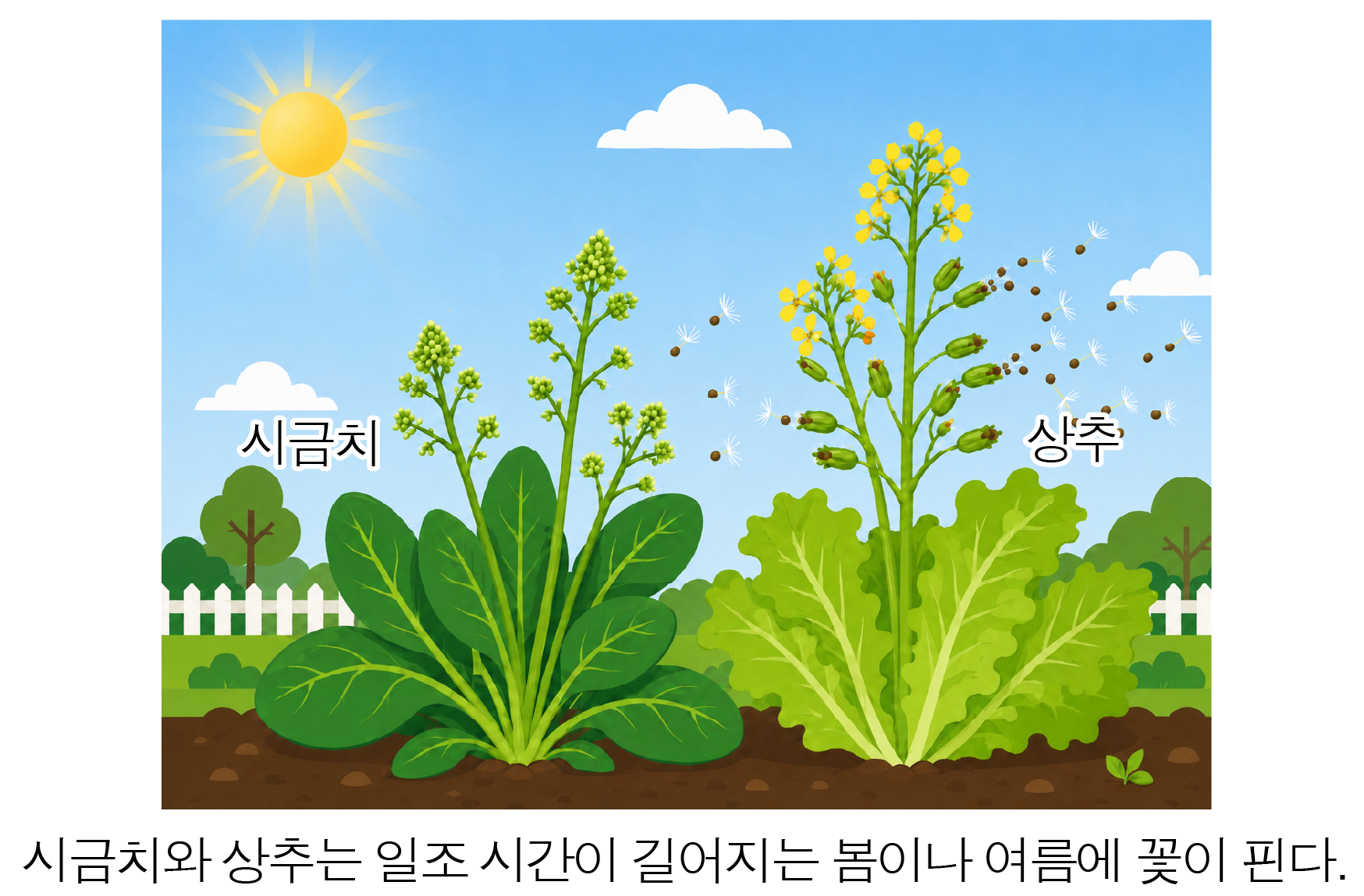 햇빛 아래 꽃이 핀 시금치와 상추 그림