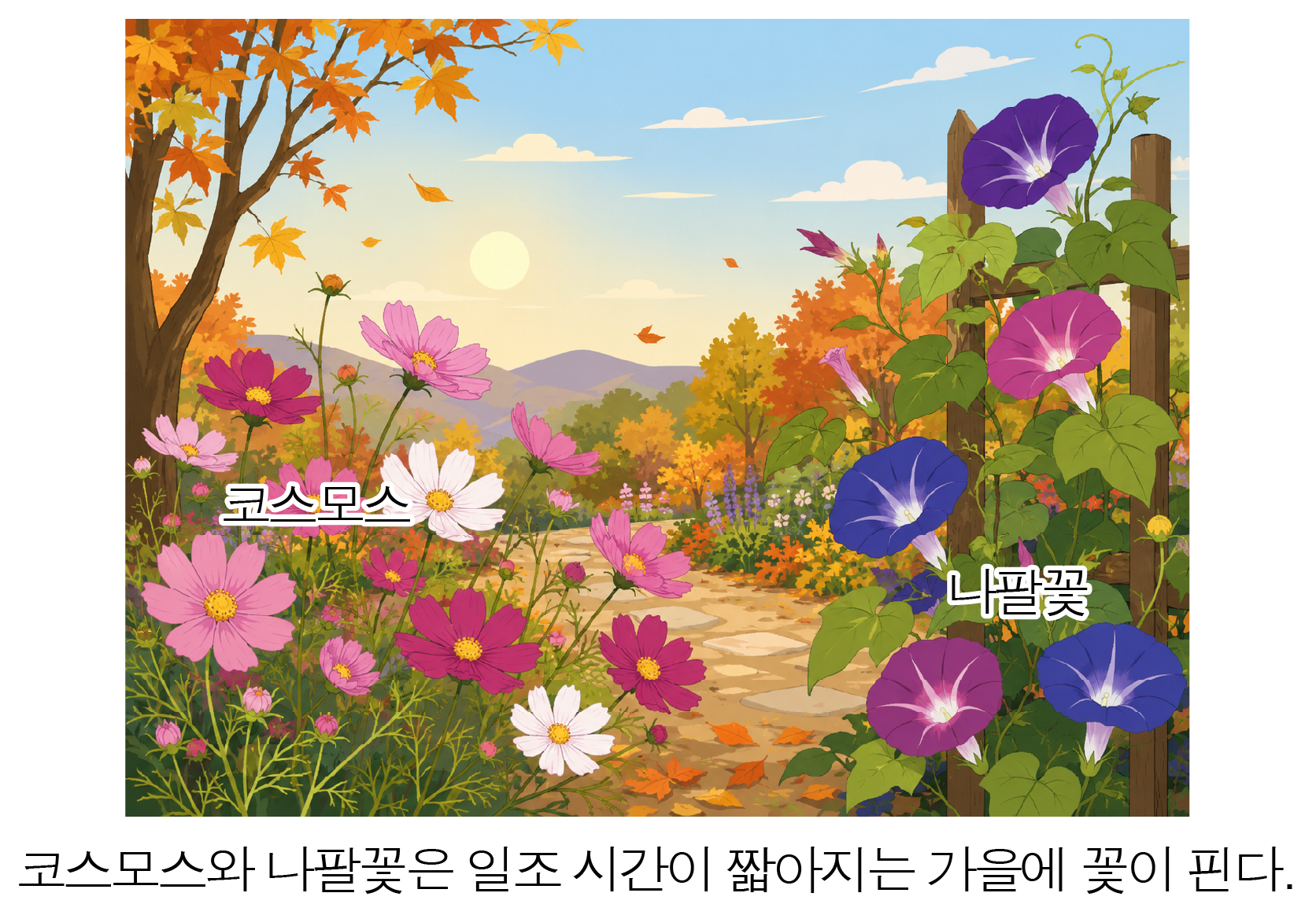 가을 풍경 속 코스모스와 나팔꽃