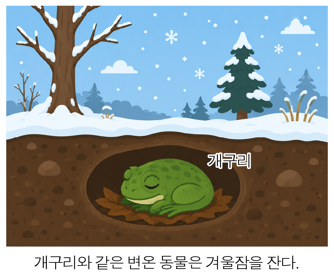 눈 덮인 땅속 굴에서 겨울잠을 자는 개구리 그림