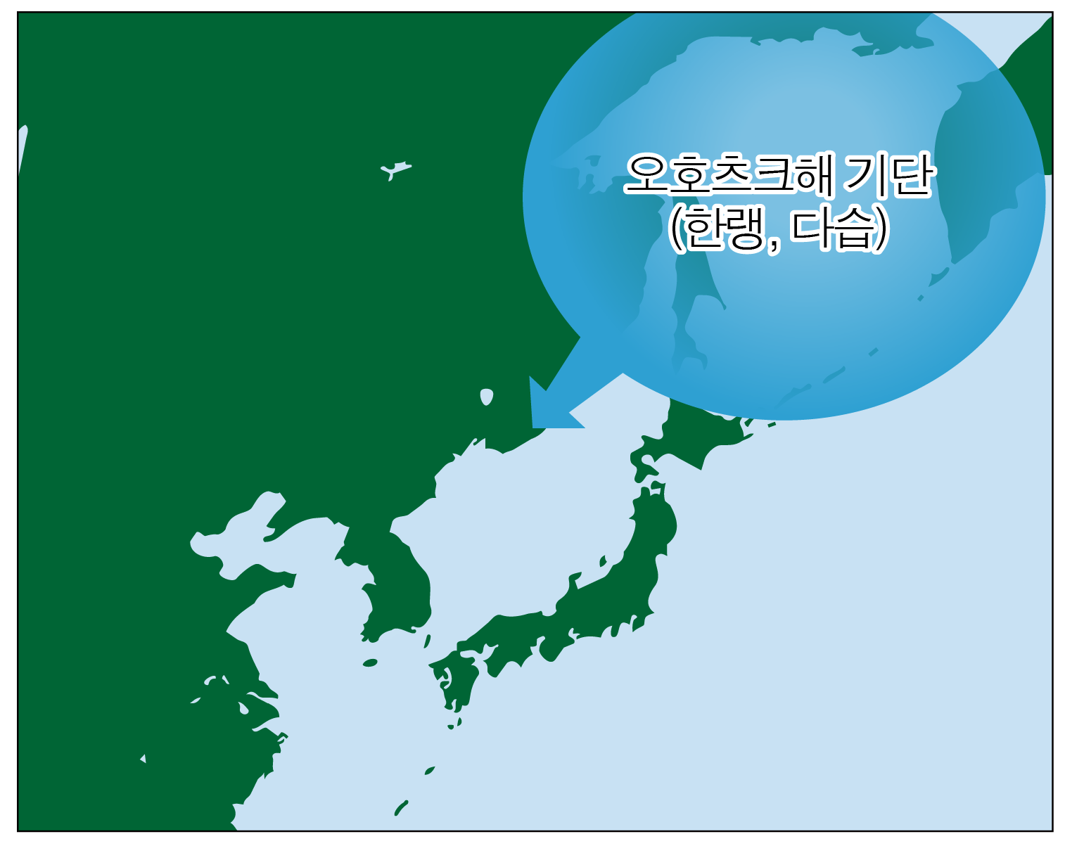 동아시아 지도 위에 표시된 오호츠크해 기단 영역