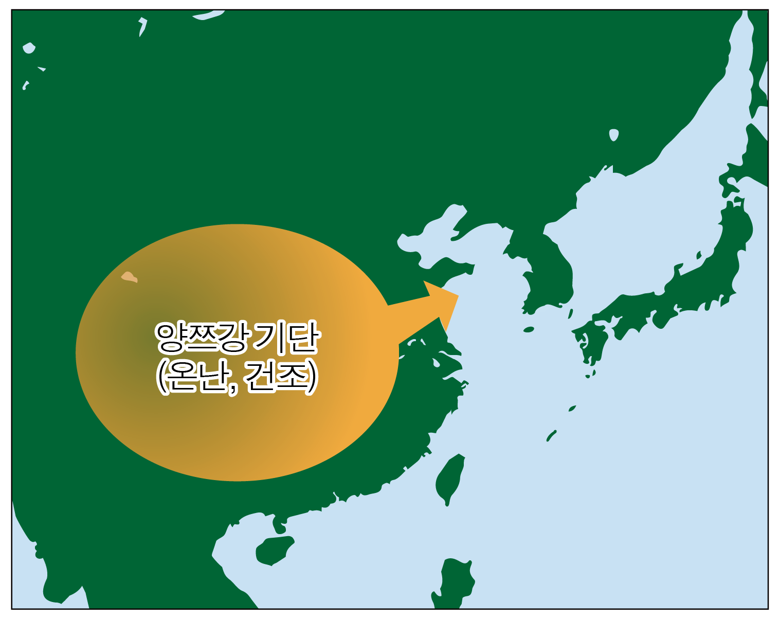 동아시아 지도에서 일본을 향하는 양쯔강 기단(온난·건조) 표시