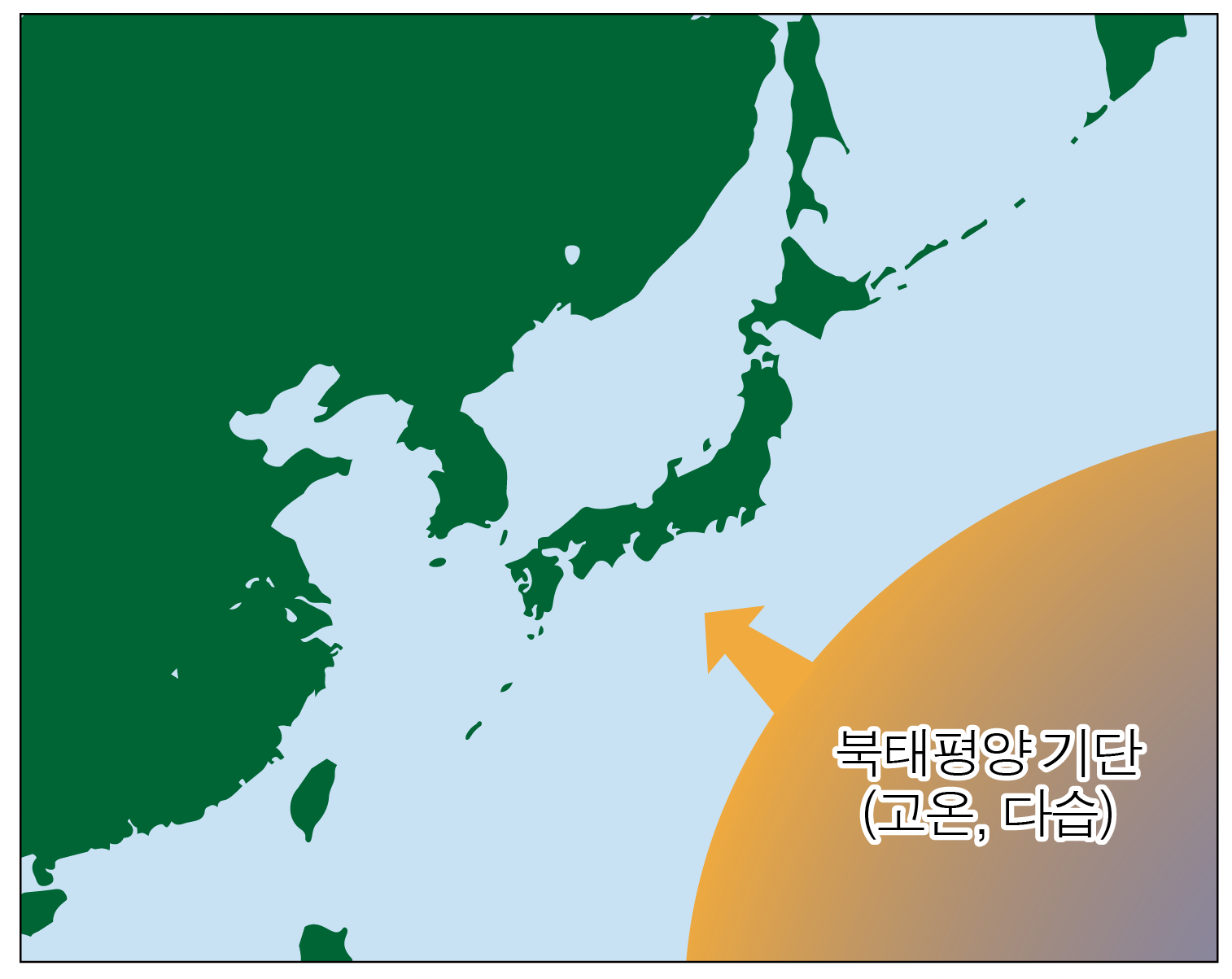 동아시아 지도와 북태평양 기단의 고온 다습한 공기 유입을 나타낸 그림