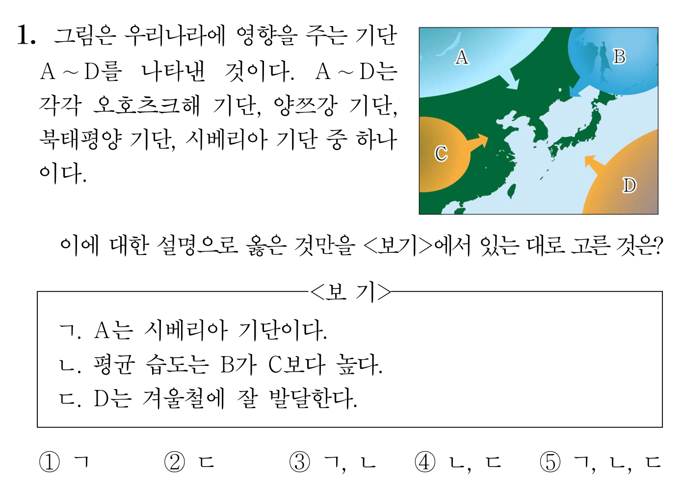 우리나라에 영향을 주는 네 기단의 위치와 관련 설명을 묻는 지구과학 문항