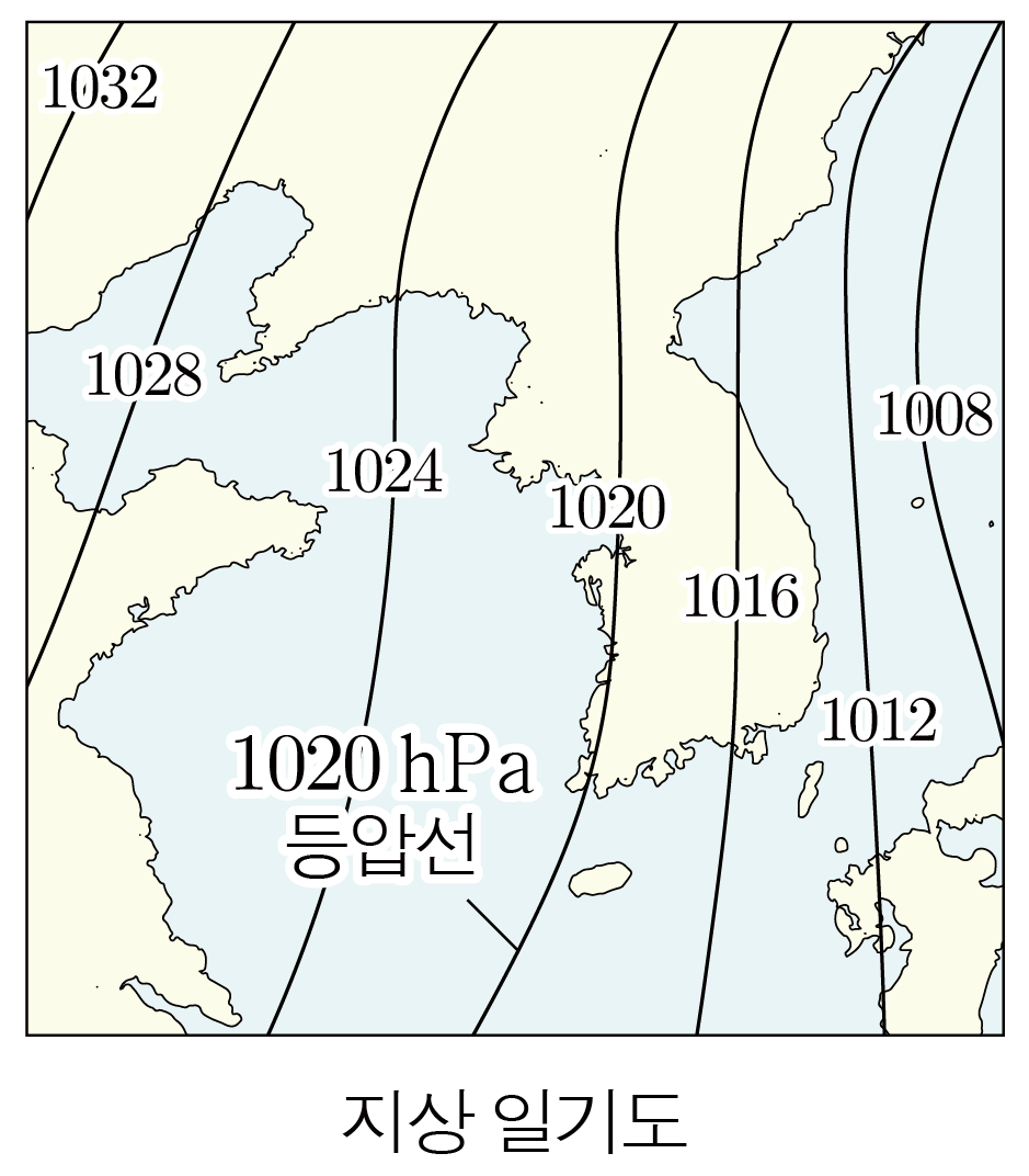 동아시아 지역의 기압 분포와 1020 hPa 등압선이 표시된 지상 일기도