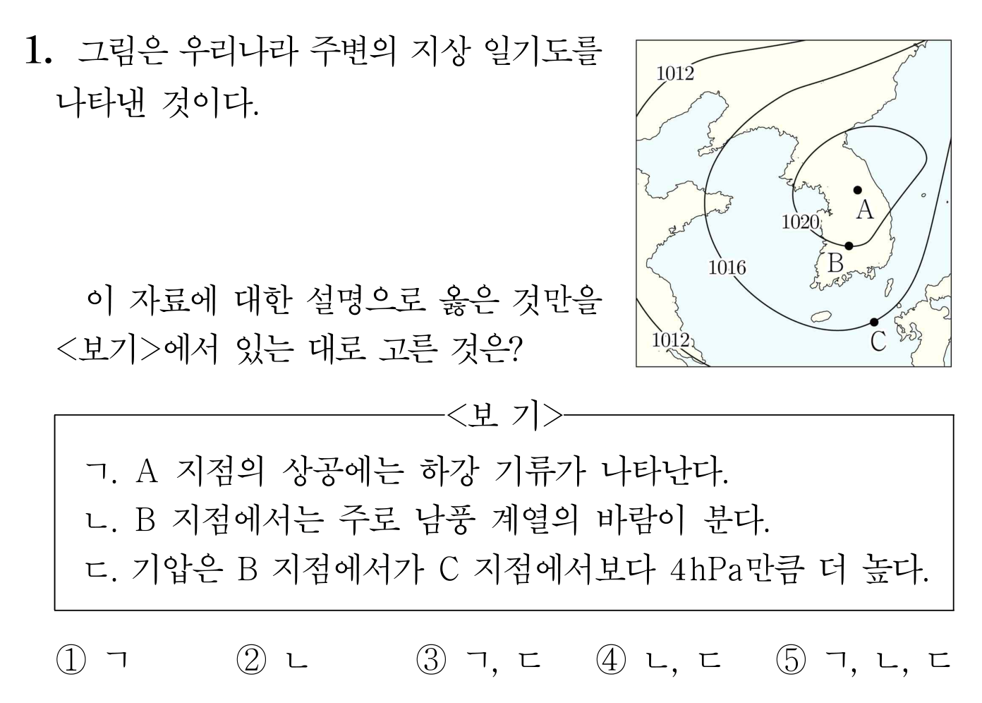 우리나라 주변 지상 일기도와 A·B·C 지점의 기압 및 바람 문항