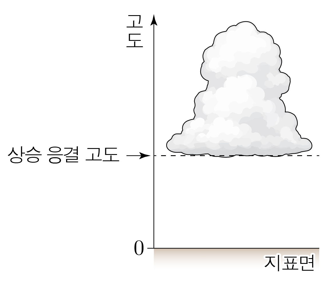 상승 응결 고도와 지표면을 나타낸 구름 고도 도식