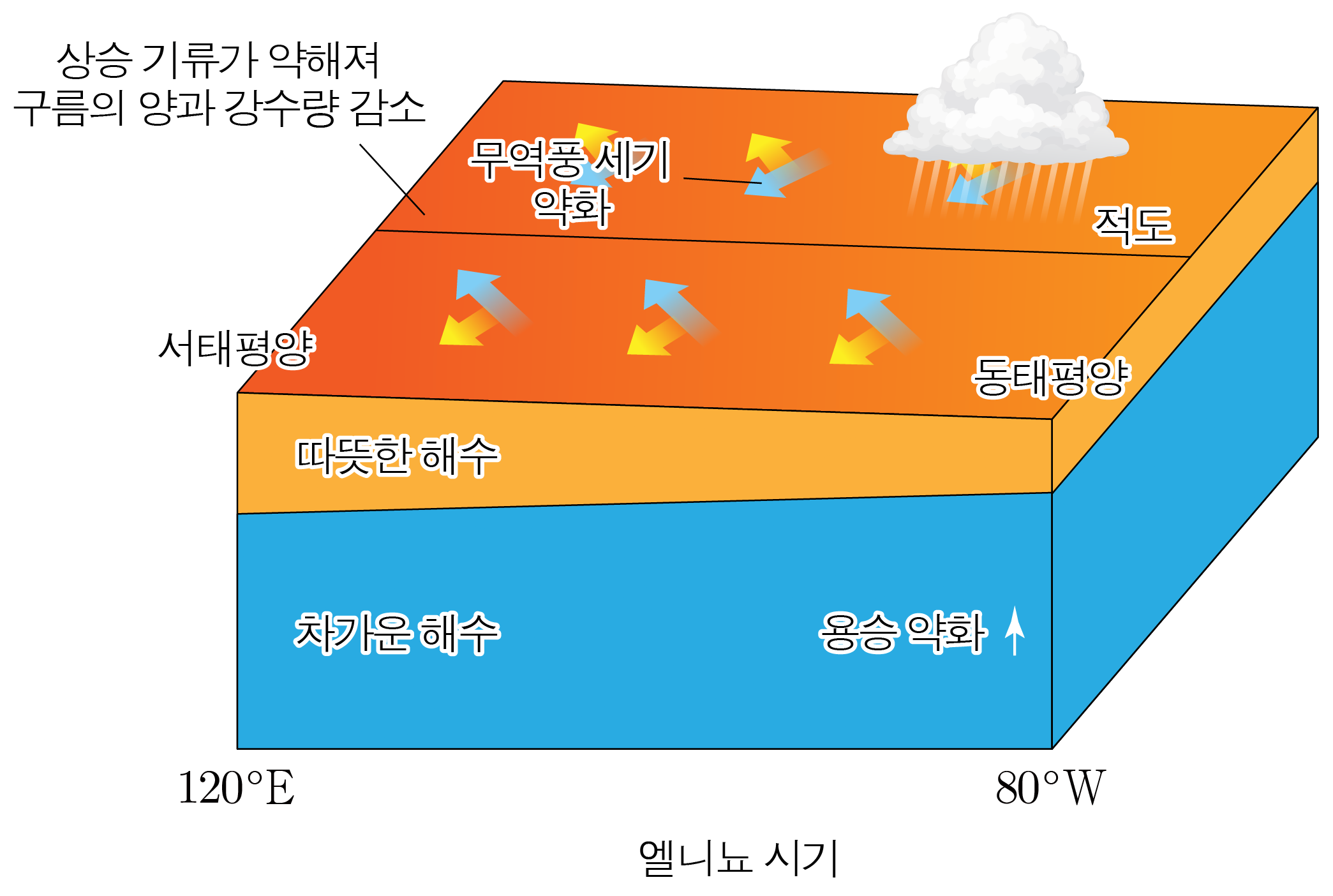 엘니뇨 시기 적도 태평양의 따뜻한 해수와 상승 기류 약화 모식도