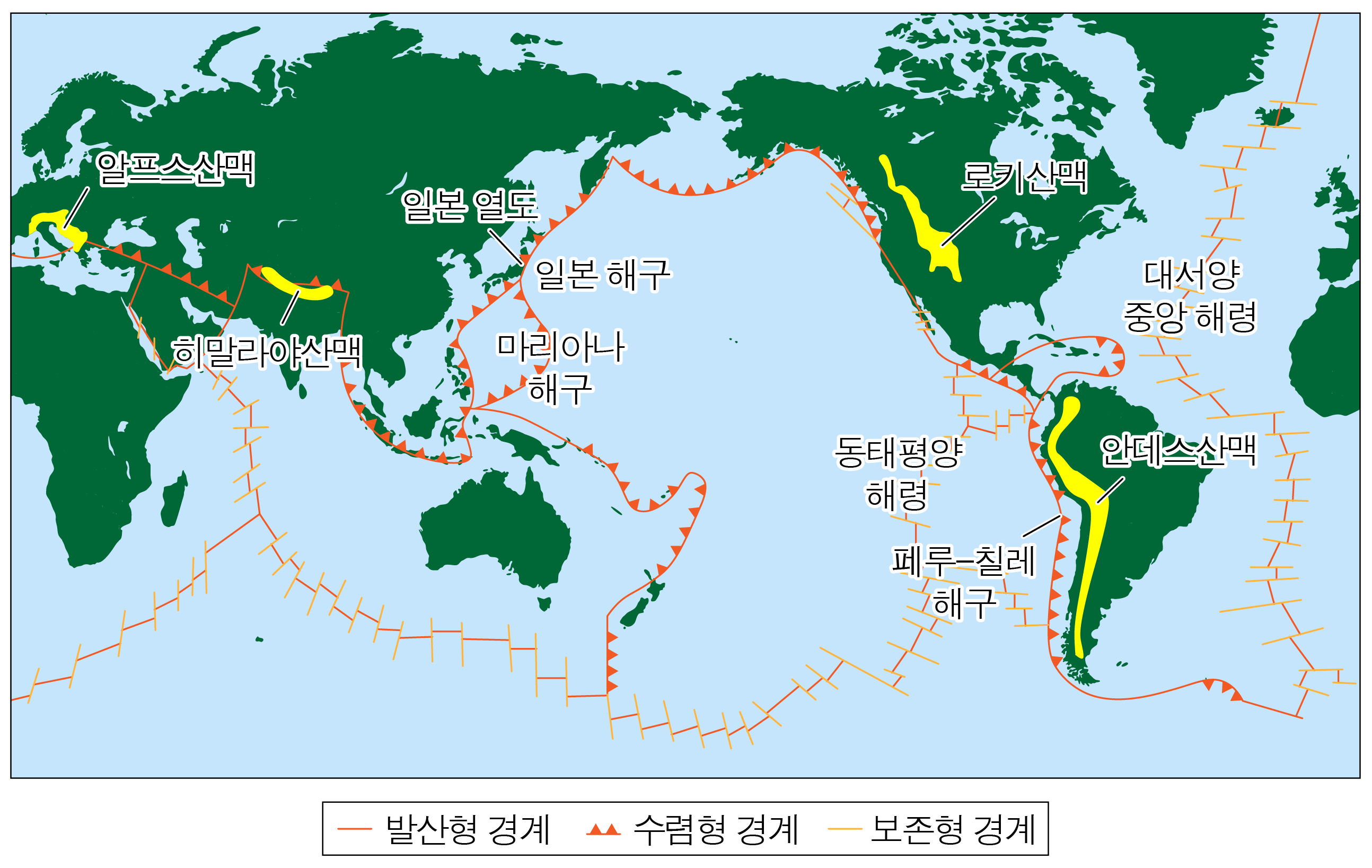 세계 지도에 주요 판 경계와 산맥·해구·해령을 표시한 판 구조론 도식