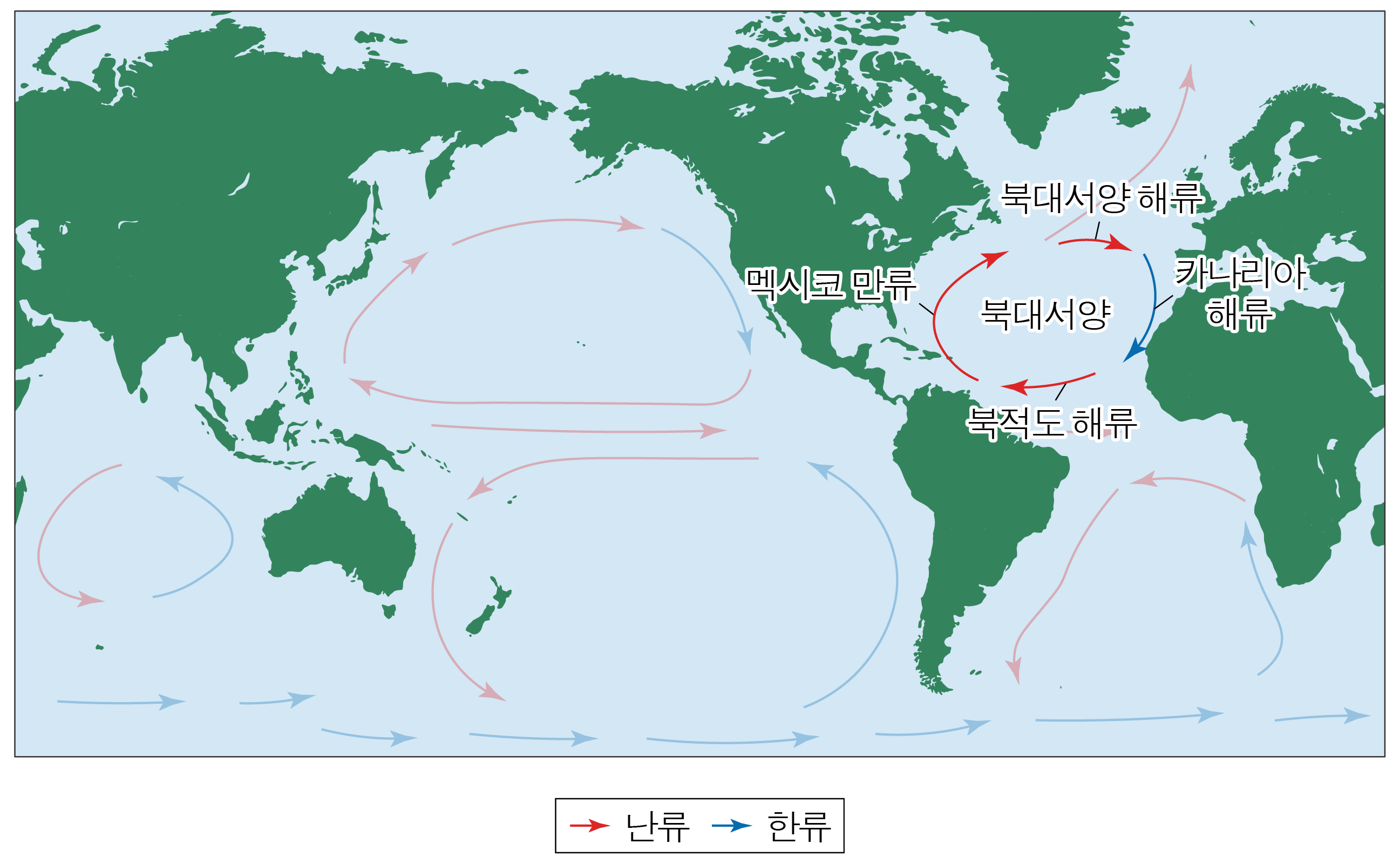 세계 지도에 표시된 난류와 한류의 해류 순환 및 주요 해류 이름