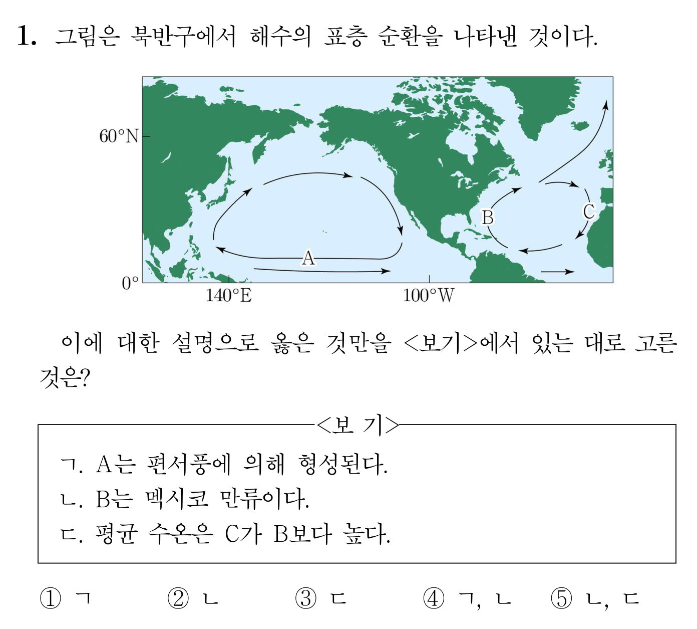 북반구 해수 표층 순환 지도와 보기·선지가 제시된 지구과학 문항