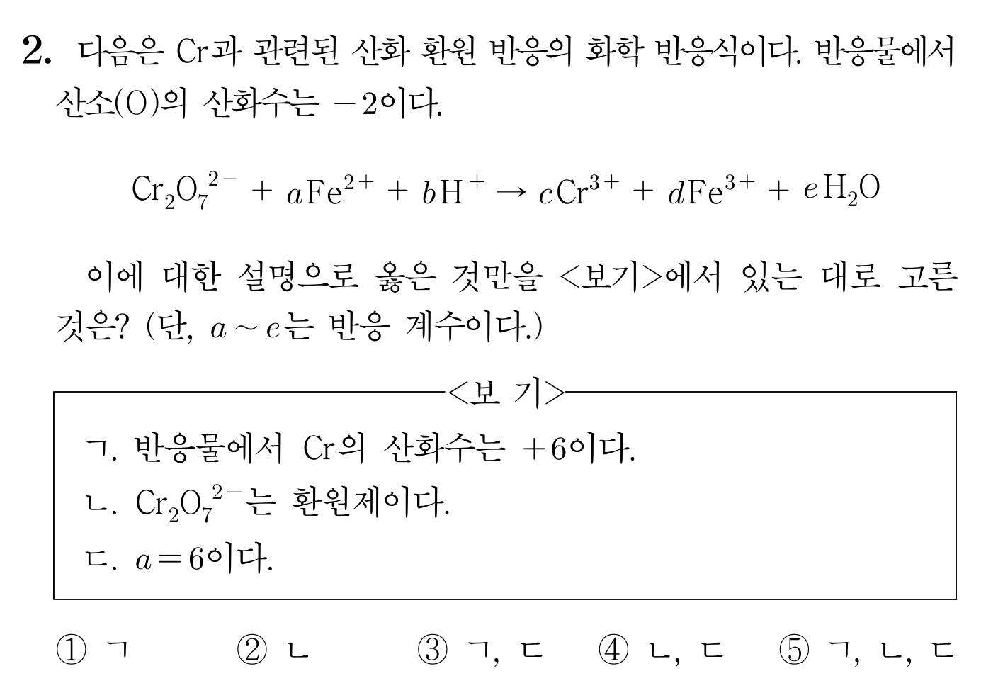 크롬산 이온과 철 이온의 산화·환원 반응식 및 보기