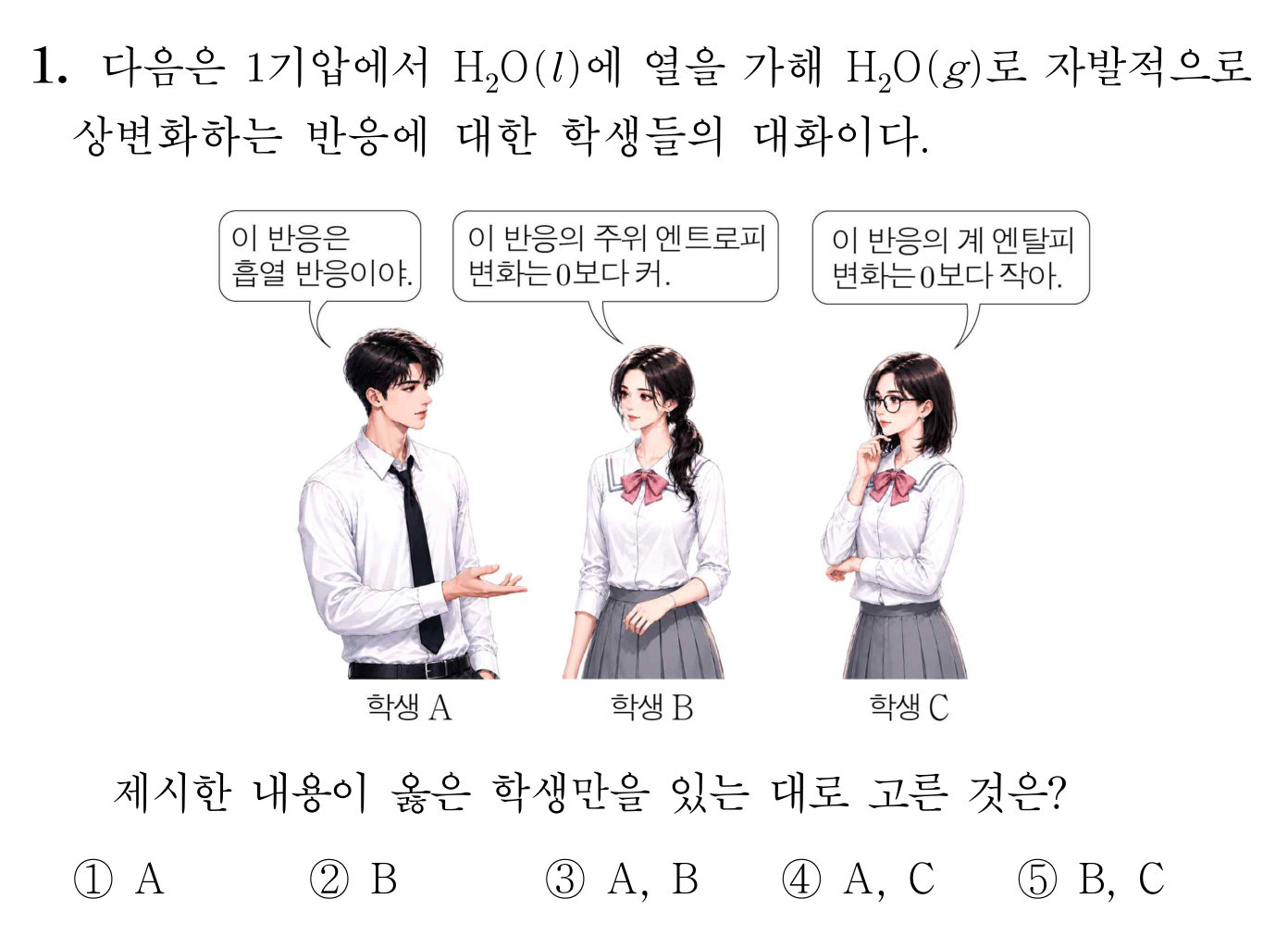 물의 액체에서 기체로의 상변화에 대한 학생들의 발언과 선택지
