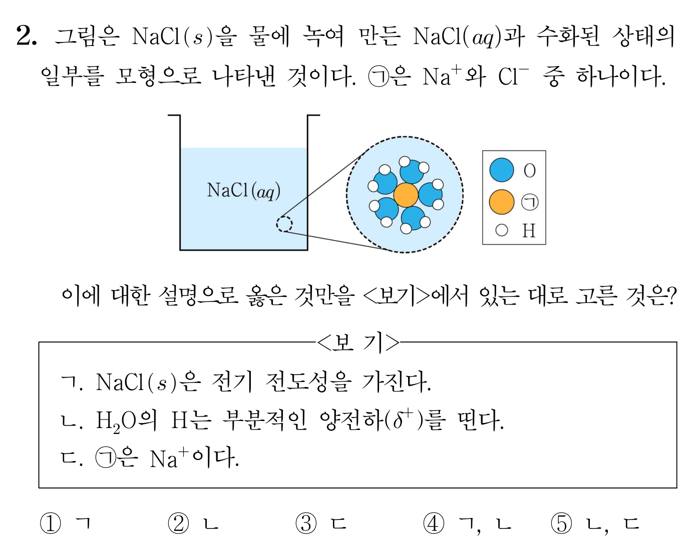 NaCl 수용액의 입자 모형과 옳은 설명을 고르는 화학 문항